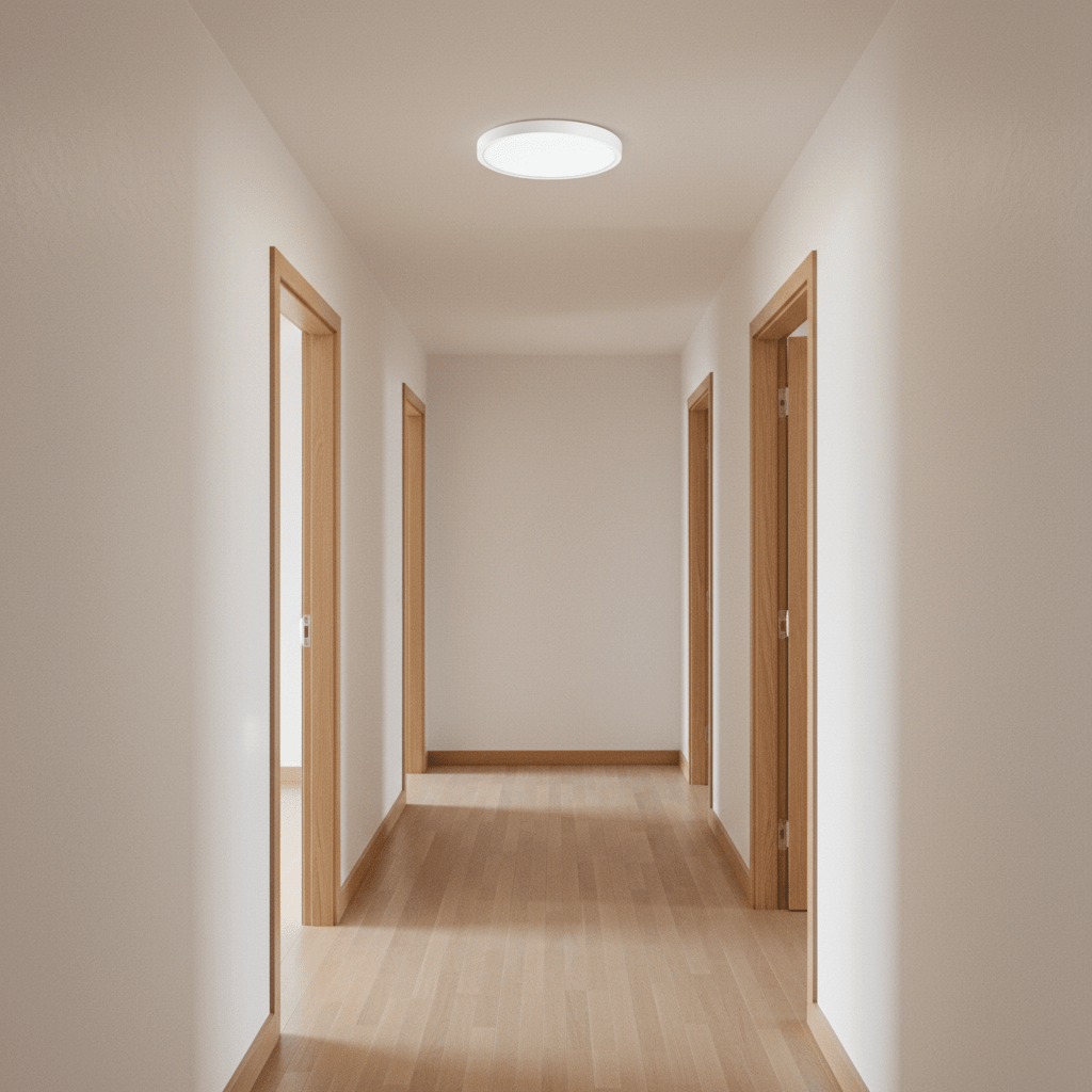 A slim round white ceiling light illuminating a hallway with wooden doors and a light wooden floor.