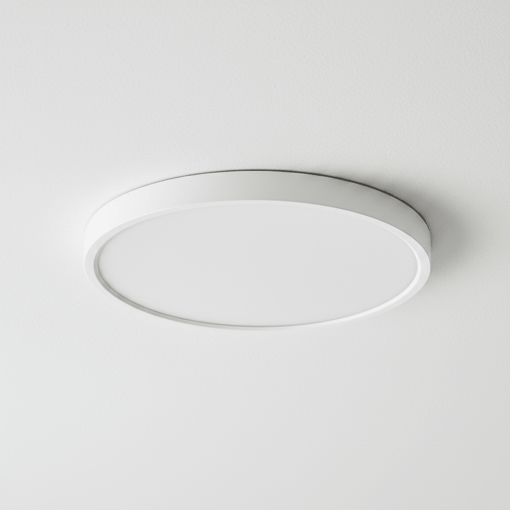 Close-up view of a slim round white LED ceiling light mounted flush to a textured ceiling.