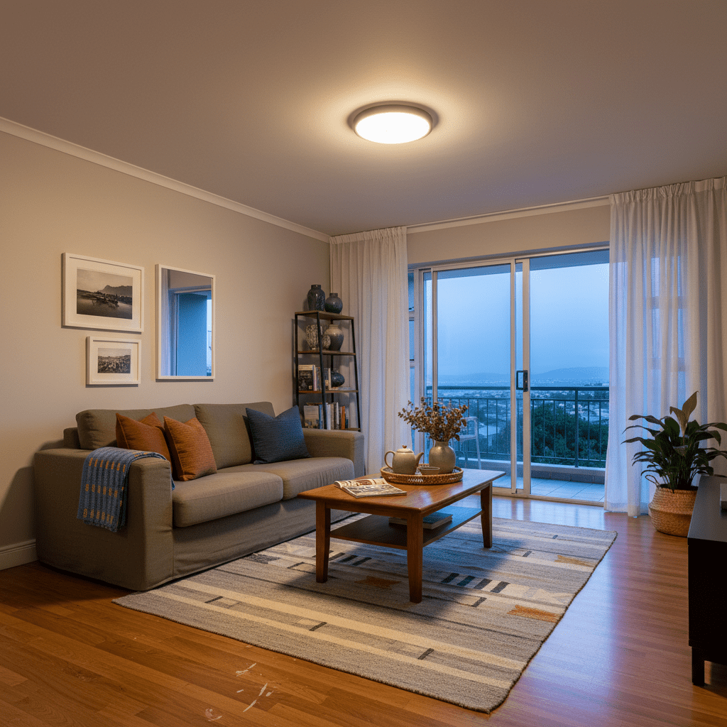 A modern living room featuring a black LED ceiling light, cozy sofa, and a scenic view through large windows.