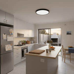 Modern kitchen featuring a black LED ceiling light, brightening the space with a sleek design.
