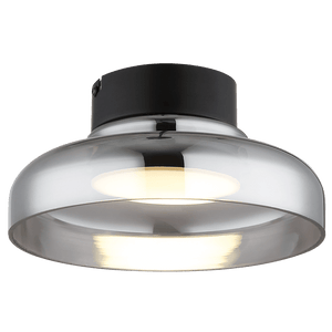 Ceiling light fixture with black top and silver base on a white background