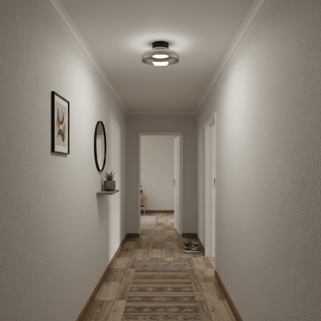 Smoke glass metal ceiling light illuminating a stylish hallway with wooden flooring and decorative elements.