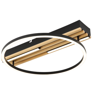 Modern ceiling light fixture with black and wood finish on a white background