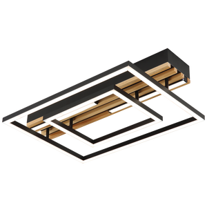 Modern ceiling light fixture with black frame and wooden accents on a white background