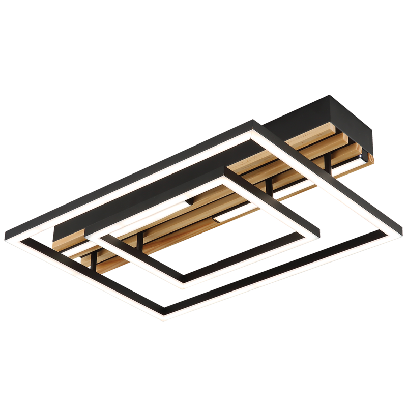 Modern ceiling light fixture with black frame and wooden accents on a white background