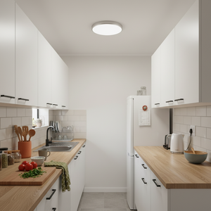 Modern kitchen featuring a flush-mount ceiling light, wooden countertops, and cooking utensils.