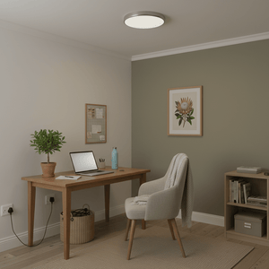 Modern flush-mount ceiling light illuminating a stylish home office with a desk, chair, and plant.