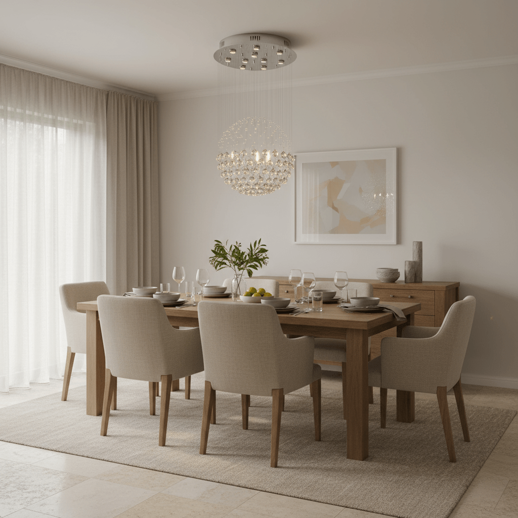 Chrome and crystal chandelier hanging above a wooden dining table with upholstered chairs