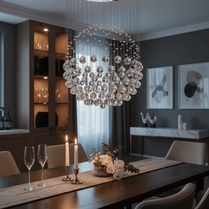 Chrome and crystal chandelier with hanging spherical drops illuminating a modern dining room