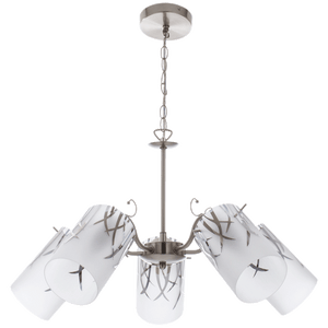 Chandelier with white lampshades and decorative elements on a white background