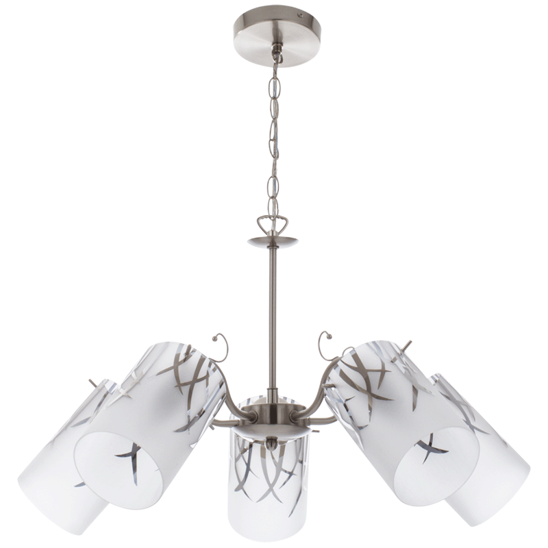 Chandelier with white lampshades and decorative elements on a white background