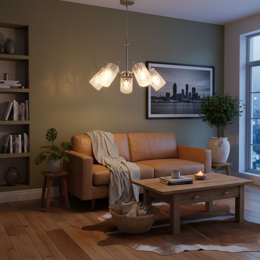 Living room with a satin chrome chandelier and frosted glass shades above a leather sofa and wooden table.