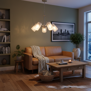 Living room with a satin chrome chandelier and frosted glass shades above a leather sofa and wooden table.