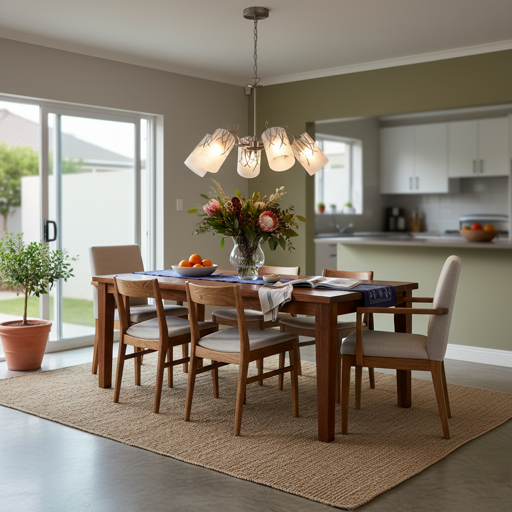 Dining room with a satin chrome chandelier and frosted glass shades above a wooden table.