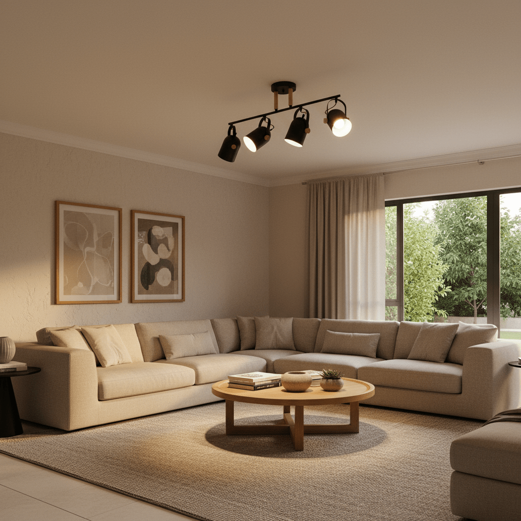 4 Light Black & Wood Ceiling Spotlight