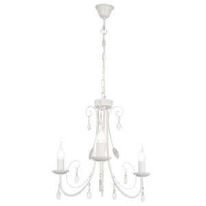 White chandelier with three candle-style lights on a gray background