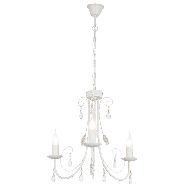 White chandelier with three candle-style lights on a gray background