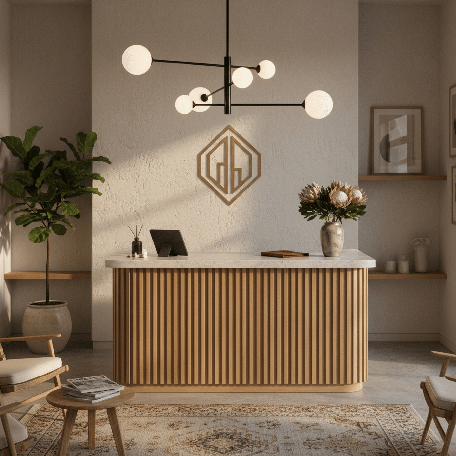 Modern black pendant light with opal glass shades illuminating a stylish reception area.