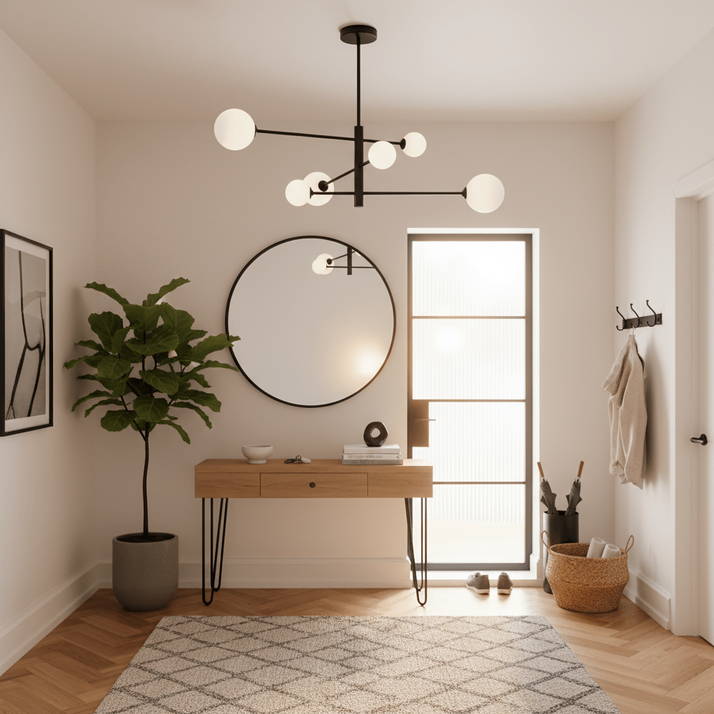 Modern black pendant light with opal glass shades hanging above a wooden console table in a stylish entryway.