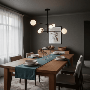 Leah 6 Light Black Pendant illuminating a modern dining table setup with opal glass shades.