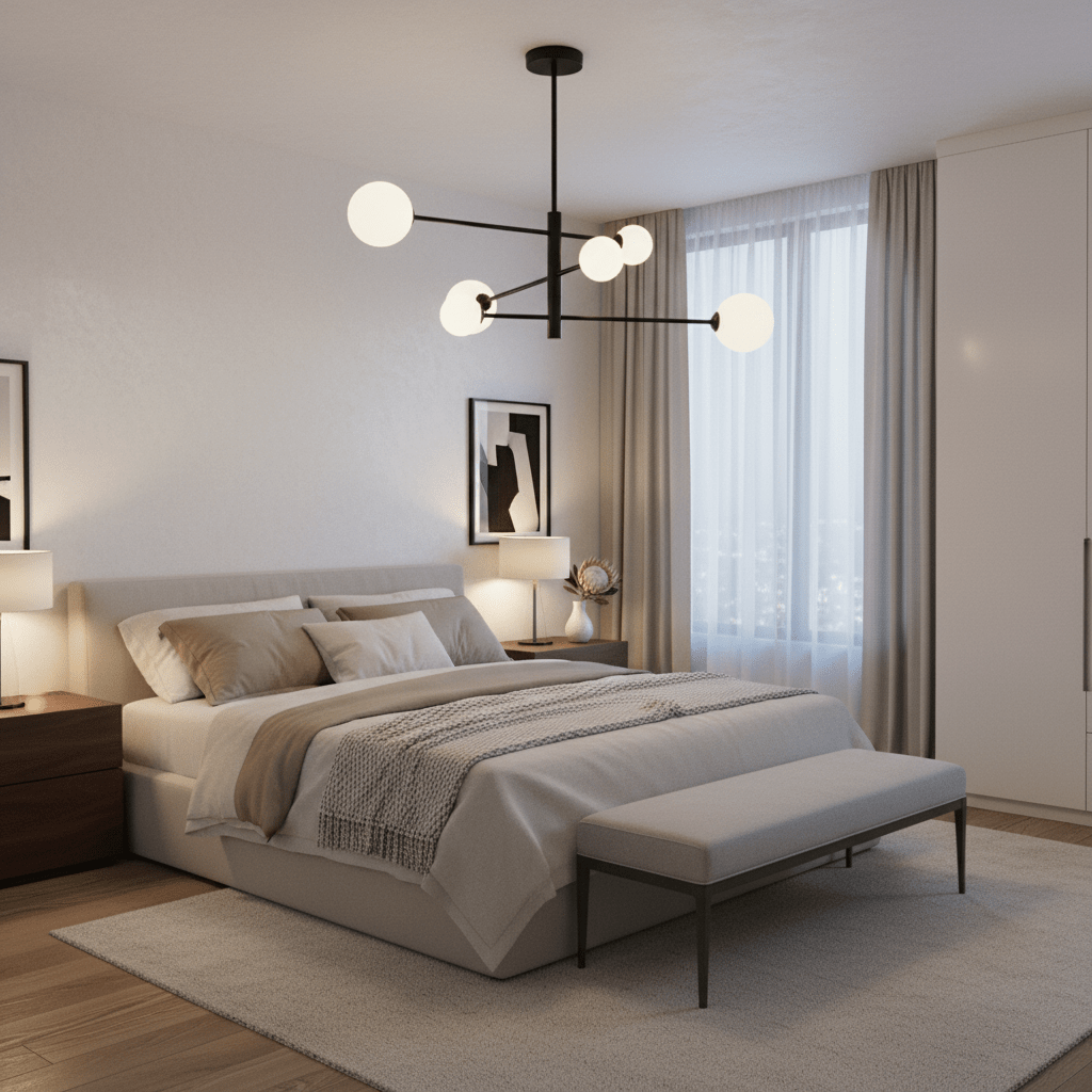 Modern black pendant light with opal glass shades in a stylish bedroom setting.