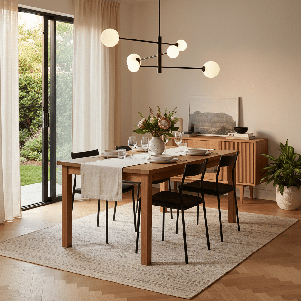 Modern black pendant light with opal glass shades above a dining table set for a meal.