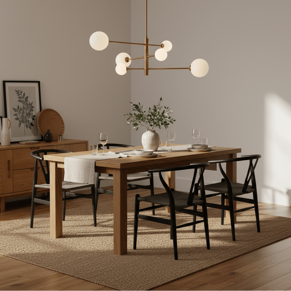 Stylish dining room featuring a gold pendant light above a wooden table set with plates and glasses.