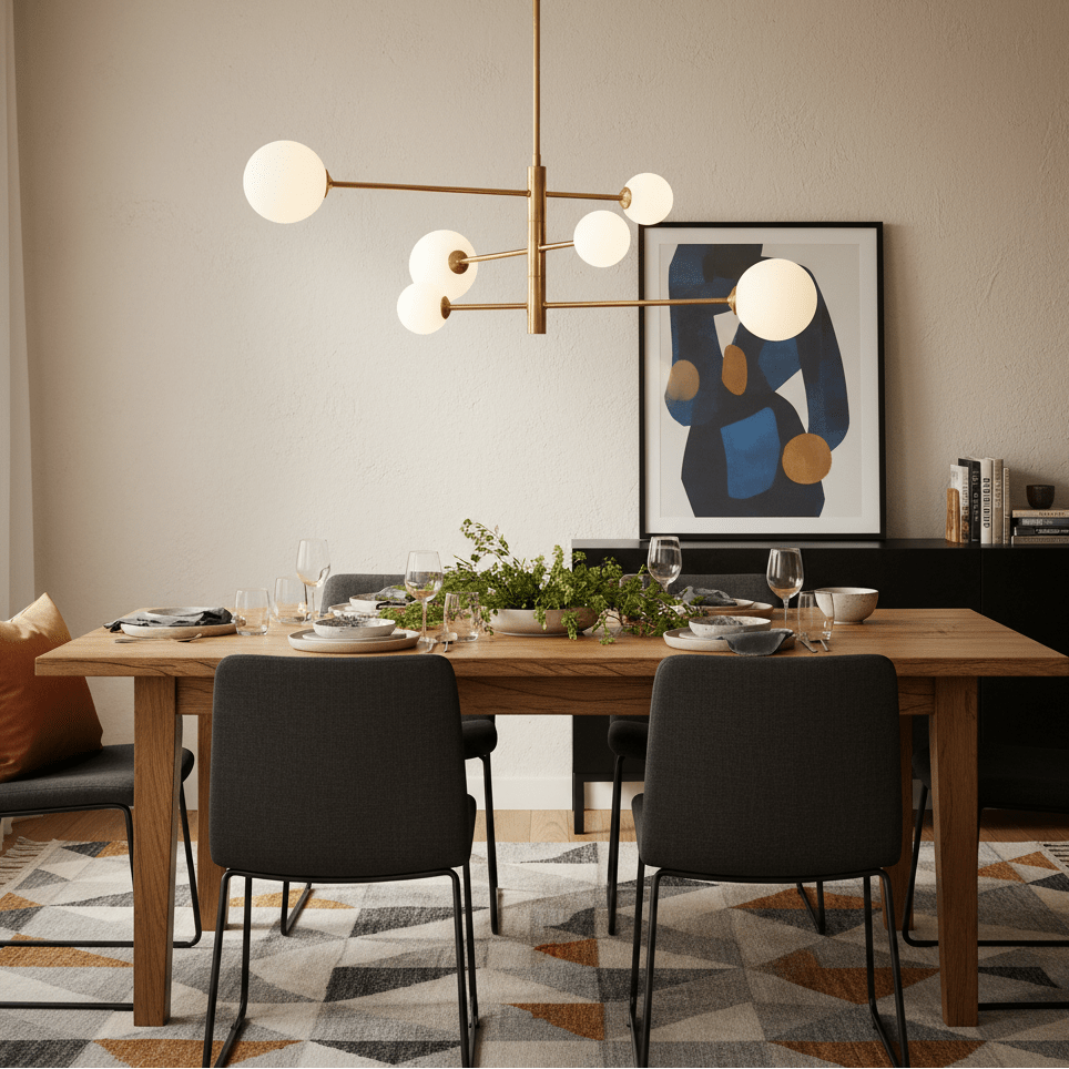 Stylish dining setup featuring a gold pendant light above a wooden table with plates and glasses.