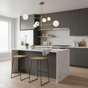 Stylish gold pendant light with six globes hanging over a modern kitchen island.