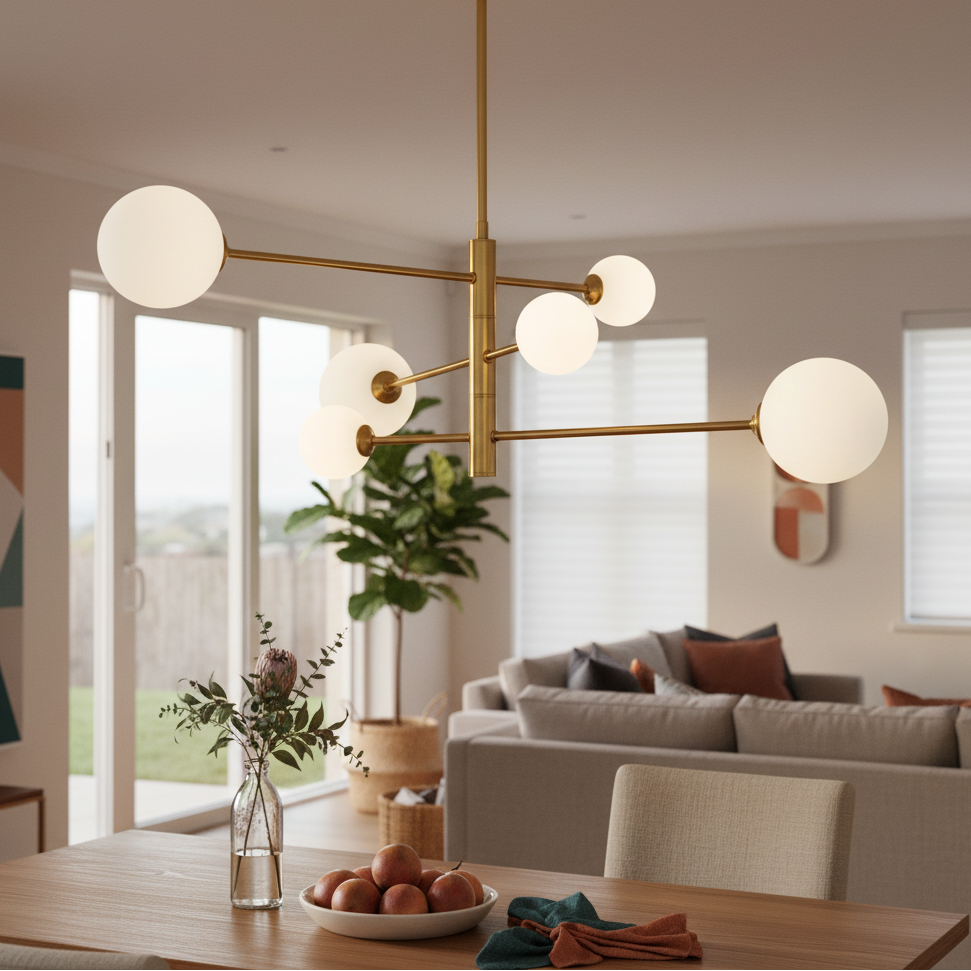Gold pendant light with six spherical shades hanging above a dining table with apples and a vase.