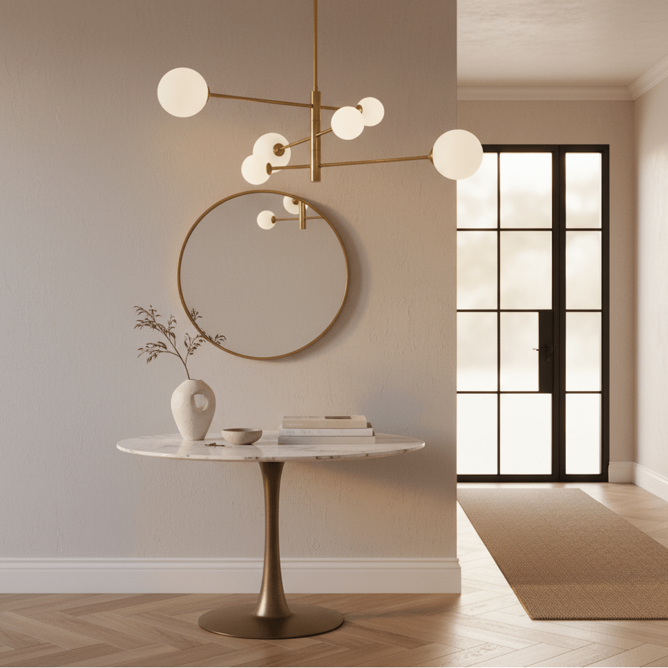 Stylish gold pendant light above a round marble table with a vase and decor, reflecting in a circular mirror.