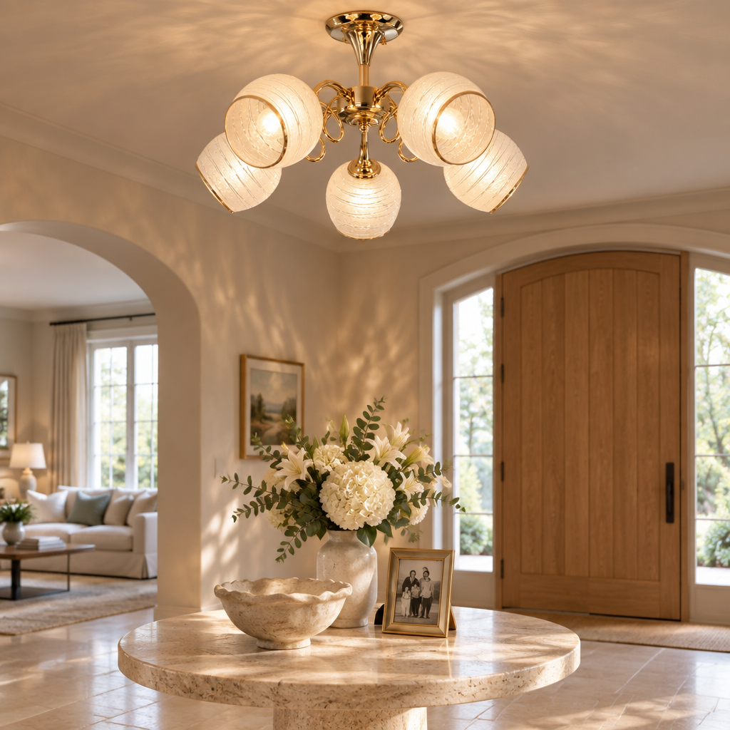 5 Light Gold & Patterned Glass Chandelier