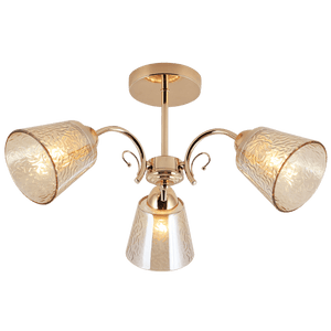 Gold ceiling light fixture with three lampshades on a white background