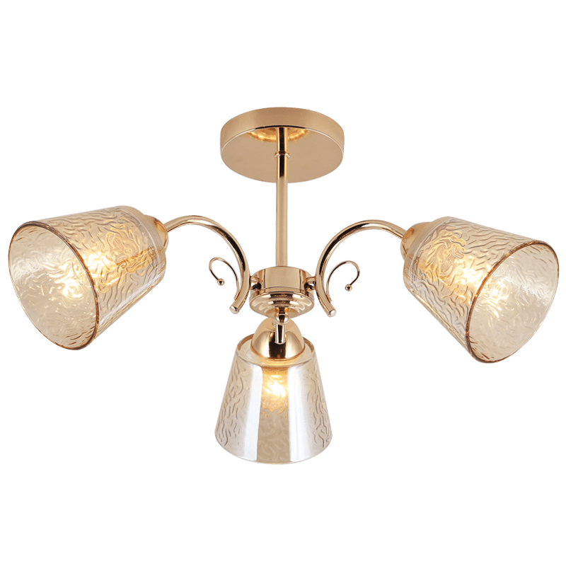 Gold ceiling light fixture with three lampshades on a white background