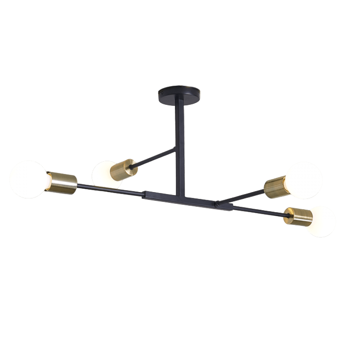 Modern ceiling light fixture with black and gold design on a gray background