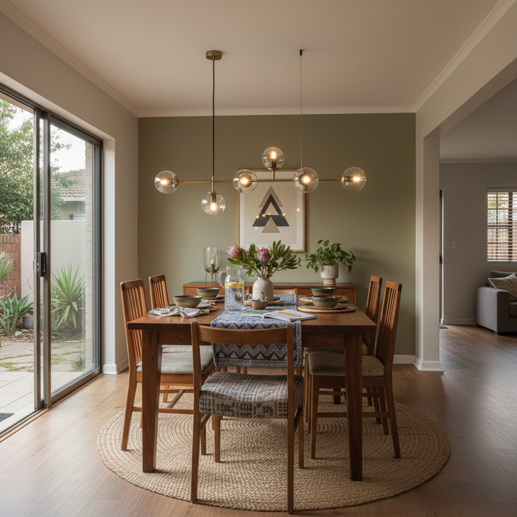 Elegant dining area featuring a satin gold chandelier with smoke glass shades above a wooden table set for a meal.