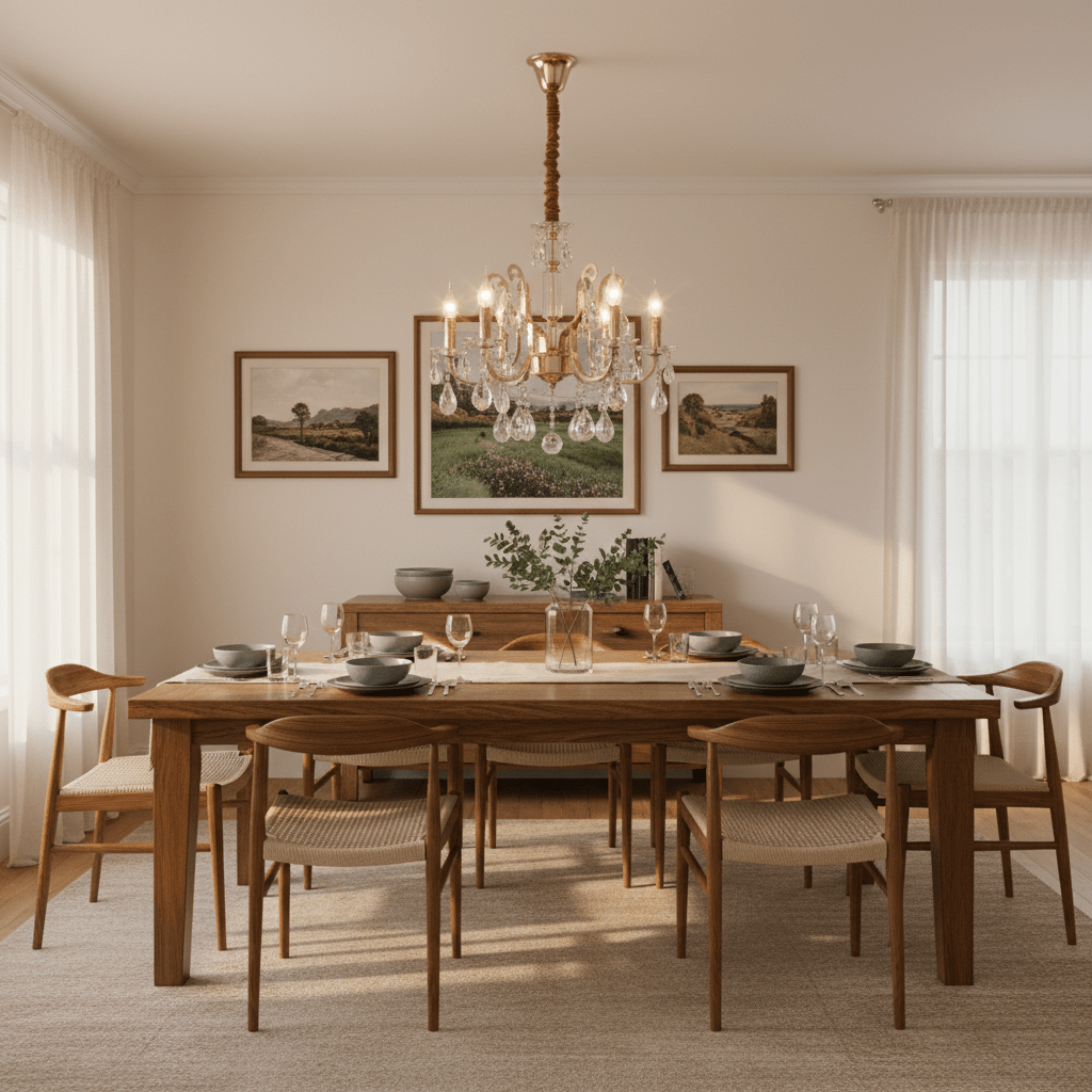 6 Light Iron, Glass & Crystal Chandelier