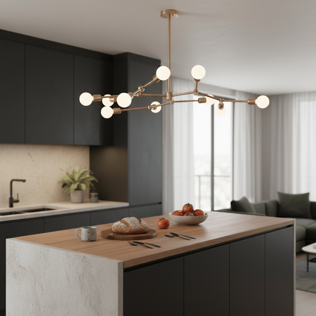Stylish 9-light bronze pendant hanging over a modern kitchen island with a wooden countertop.