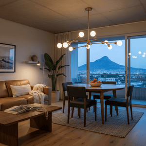 Stylish 9-light bronze pendant illuminating a modern dining area with a scenic mountain view.