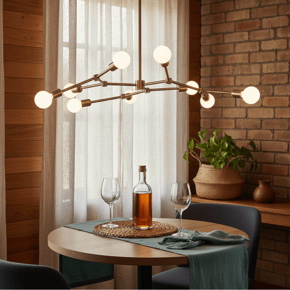 Stylish 9-light bronze pendant above a dining table with wine glasses and a bottle.