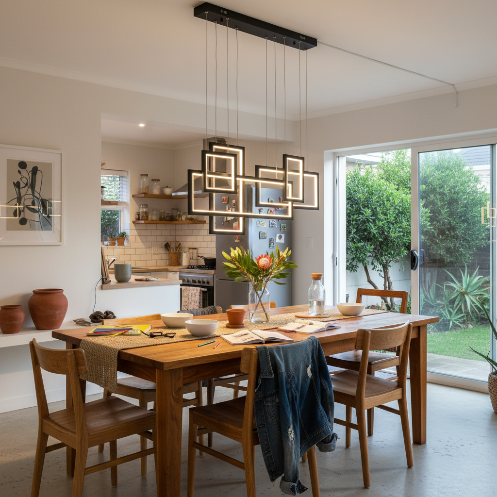 Modern LED pendant light with geometric design above a wooden dining table in a bright kitchen setting.
