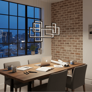 Modern LED pendant light with geometric design above a wooden table in a stylish office setting.