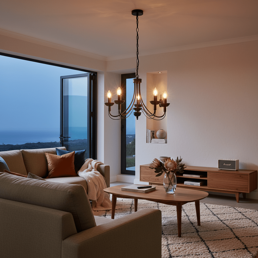 Five-light metal chandelier hanging in a modern living room with a view of the ocean.