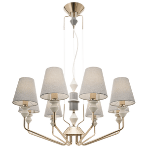 Champagne gold ceramic chandelier with six fabric shades and elegant detailing, suspended from a ceiling mount.