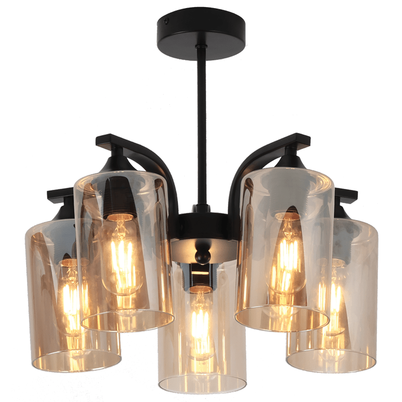 Modern chandelier with glass shades and black metal fixture on a white background