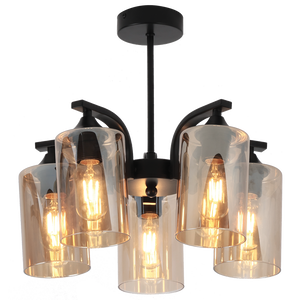 Modern chandelier with glass shades and black metal fixture on a white background