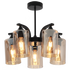 Modern chandelier with glass shades and black metal fixture on a white background