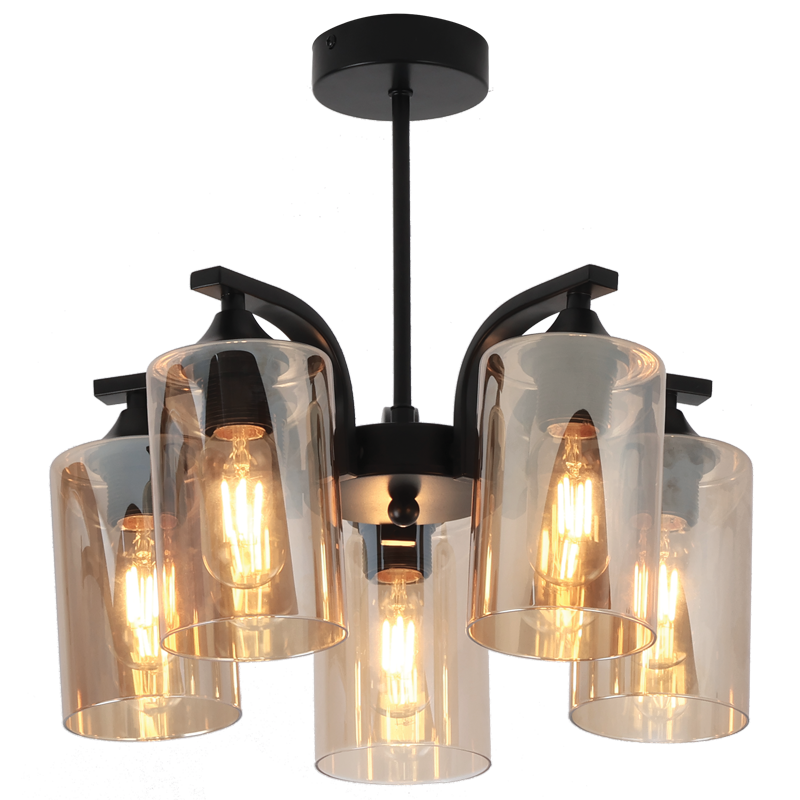 Modern chandelier with glass shades and black metal fixture on a white background
