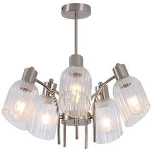Chandelier with clear glass shades and metallic finish on a white background