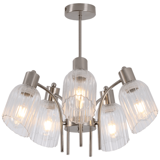 Chandelier with clear glass shades and metallic finish on a white background